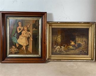 (2pc) FRAMED ART | Including an antique canvas print of a scene with a dog and roosters; plus a print of two young girls with flowers (overall 16-3/8 x 14-1/4 in.) 