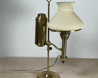 BRASS FLUID LAMP | Electrified, with frosted glass shade; overall h. 21 x w. 13 x d. 8-1/2 in. 