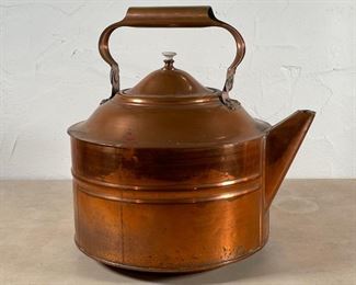 COPPER KETTLE | Of large size, with a bail handle, porcelain finial, impressed "PAT'D APRIL 20th 75"; h. 13 in. 