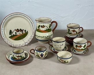 MOTTO WARE TEA SET | Watcombe, England, countryside theme paint decorated set, including a pitcher, tea cups, saucers, etc. [many pieces with chips] 