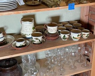 MOTTO WARE TEA SET | Watcombe, England, countryside theme paint decorated set, including a pitcher, tea cups, saucers, etc. [many pieces with chips] 