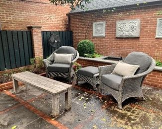 Kingsley Bate teak coffee table, Summer Classics woven wicker armchairs and ottoman.  Pillows included.