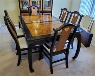 Bassett Asian Design Brown+Black Dining table includes  eight chairs (2 captain), leaf, and pads