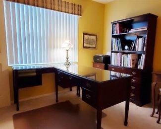 Bombay Co office furniture: two piece desk w/ glass tops, file cabinet and bookshelf