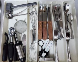 Kitchen utensils, steak knife set and Cuisinart stainless Puritan knives, forks and spoons