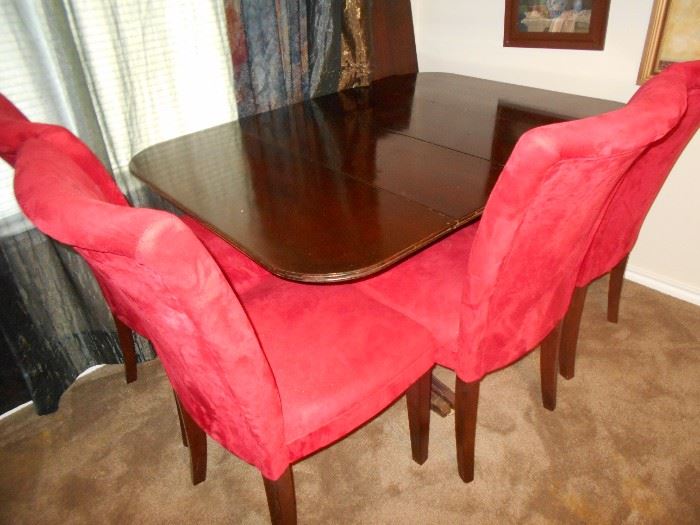 Duncan Fife Table and 2 leaves red fabric chairs sold separately 