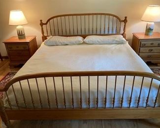 Complete King Size Bedroom Set
-Tall Dresser 59” Tall X 39 1/2” Across X 18 1/2” Deep
-Long Dresser W/Triple Mirror 65” Across X 19” Deep X 76” Tall
2-Night Stands 25” Across X 19” Deep X 26 1/2” Tall
King Size Bed-Clients used as a waterbed ( It is drained and you can either use as a waterbed or put a mattress-your choice) 
Pet Free/Smoke Free Home-Set is like new!