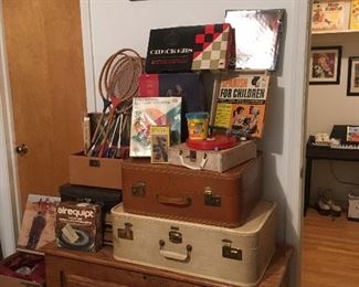 Storage Chest, Vintage record player, children’s games, Vintage Suitcases 