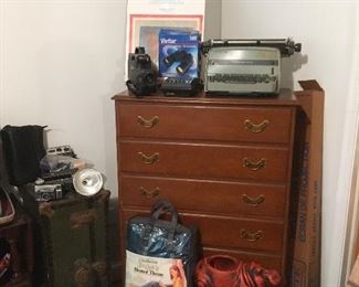 Antique Trunk, Vintage Camera & Electronics. Vintage Typewriter, Vintage Dresser.