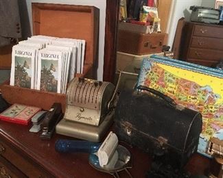 Vintage Lunchbox, Vintage Shaving Mirror, Vintage Paymaster, Vintage maps , Vintage Playing cards