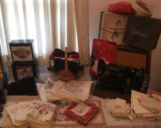 Assorted Vintage Ladies Items . Patterns, Linens, Lace, Sewing, Sewing Machines, gloves, hankies, hats, hat boxes, etc.