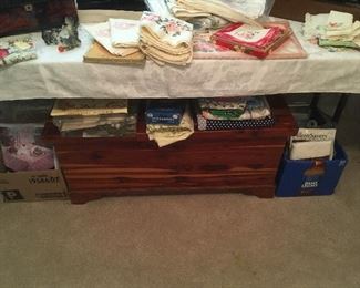Vintage Cedar Chest, Assorted Vintage Ladies Items . Patterns, Linens, Lace, Sewing, Sewing Machines, gloves, hankies, hats, hat boxes, etc.