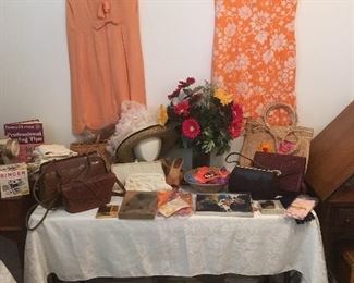 Assorted Vintage Ladies Items . Patterns, Linens, Lace, Sewing, Sewing Machines, gloves, hankies, hats, hat boxes, purses, etc.