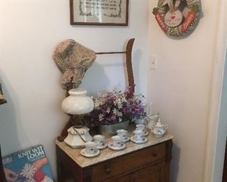Antique Marble Top Washstand, Vintage Milkglass Oil Lamp, Tea Set