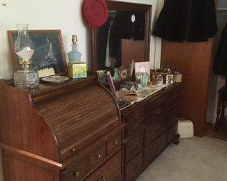 Vintage Roll Top Desk, Vintage Dresser with Mirror 