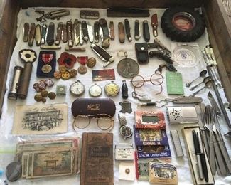 Assorted Antique/Vintage Smalls. Advertising Ashtrays, Pocket Knifes, Miltary Patches & Pins, eyeglasses, watches, pocket watches, etc.