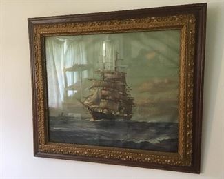 Antique Color Lithograph Print of Ship in beautiful frame. 