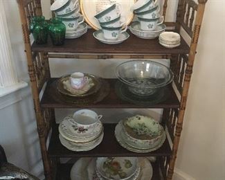 Antique Bamboo/Rattan Shelf, Assorted China & Glassware 