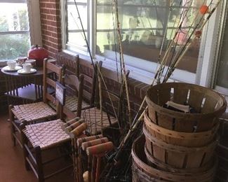 Antique Apple Baskets, Vintage crochet set, Antique/Vintage Fishing Poles