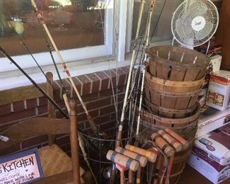 Antique Apple Baskets, Vintage crochet set, Antique/Vintage Fishing Poles.Antique  Cane bottom chairs