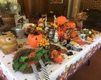 Vintage Owl Cookie Jar, Assorted Vintage Halloween & Fall Thanksgiving Items 