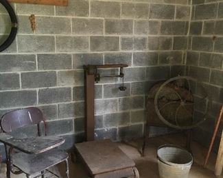 Antique School Chair, Antique Scale, Antique Corn Shucker, Antique Buckets