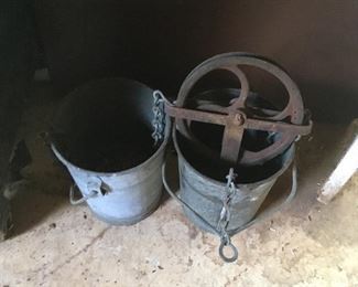 Antique Buckets with wheel pulley. ( for well ?)
