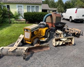 Cub Cadet #127 Tractor w/Leaf Blower & Vacuum Trailer, Fertilizer Spreader, Dual Plow Disc, Snow Blower & Blade, Single Plow Attachment & Rake, $3500. Taking Offers til 4:00 Friday 7/30/21. Bids must be at least 75% of asking price. 