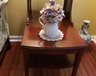 Vintage Mahogany End Tables , Ceramic Flowers in Pitcher