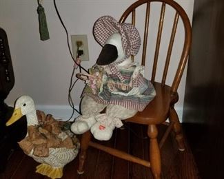 Childs Maple Chair, Plush Goose with Picnic Basket, Plush Duck