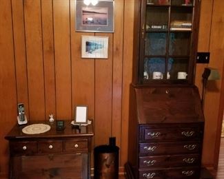 Storage Hutch with Drawers and Large Bottom Space, Secretary Desk, Copper Duck Trashcan