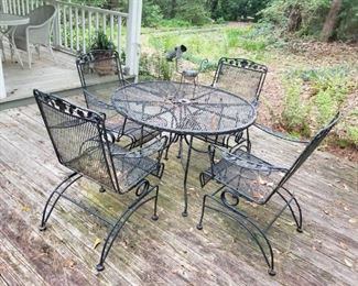 6 Pc Black Wrought Iron  Table, 4 Chairs and Glider Sofa