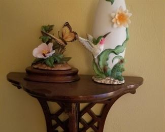 Small Wall Mounted Shelf with Ceramic Butterfly Figure and Hummingbird Vase