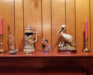 Brass Candlesticks, German Stein, Glass Bird, Very Nice Pelican Figurine