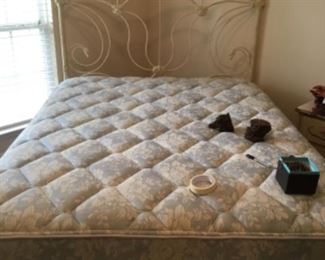 Off White metal queen headboard, mattress set and frame - Queen