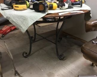 Wood top table, round and 3 chairs