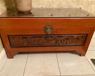 Hand carved cedar chest from Viet Nam circa 1970. Glass protective top