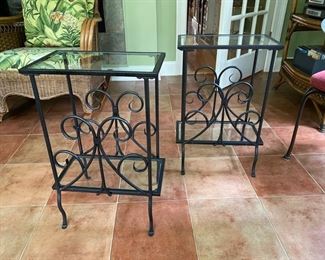 Pair glass and wrought iron side tables 10x16x24
