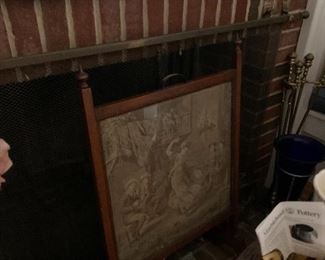 Vintage fireplace screen with tapestry
