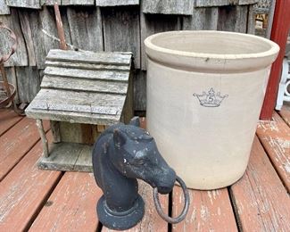 Iron horse head, 5 gallon stoneware pot 