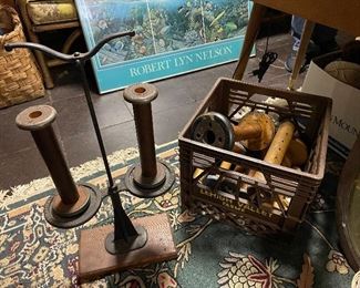 Antique spool holder & a bin of various antique spools 