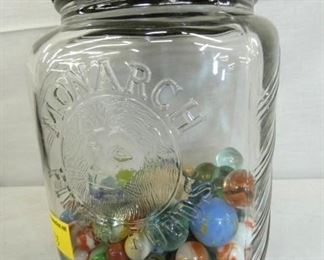 MONARCH JAR W/EARLY MARBLES 