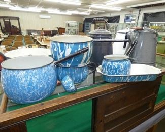 BLUE AND WHITE ENAMEL WARE