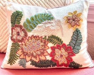 $20 decorative, floral, beaded throw pillow, 16”x13”
