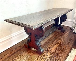 $100 antique, carved bench with oak leaves and acorns around edge, 56”x17”x19”
