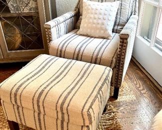 $150.00 darling linen, striped chair and ottoman with loose back pillow, chair 29”x26”x31”, ottoman 23”x17”x15”