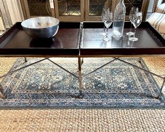 $150.00 modern, wood and chrome coffee table with removable/reversible tray tops, 52”x23”x19”