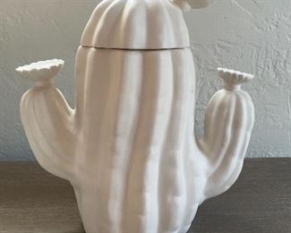 $22.00 fun, cactus cookie jar, ceramic with lime green glaze interior, 11”x6”x13”