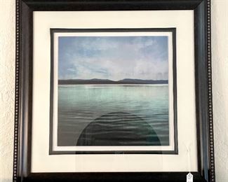 $120, calming blue and green water scene with 3D matting and black frame, 35”x35”