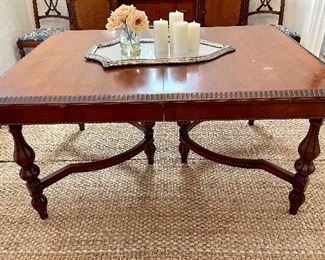 $400, Vintage extension table and six dining chairs from Rockford Superior Furniture Co., chairs upholstered seats in blue and ivory, table measures 60”x42”x30” with 3, 12” leaves; chairs measure 18.5”x17”x38”; arm chair measures 19”x18”x38”